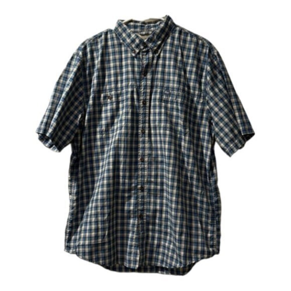 G.H. Bass Blue Double Pocket Fishing Shirt Plaid Button Size Large EUC #0892